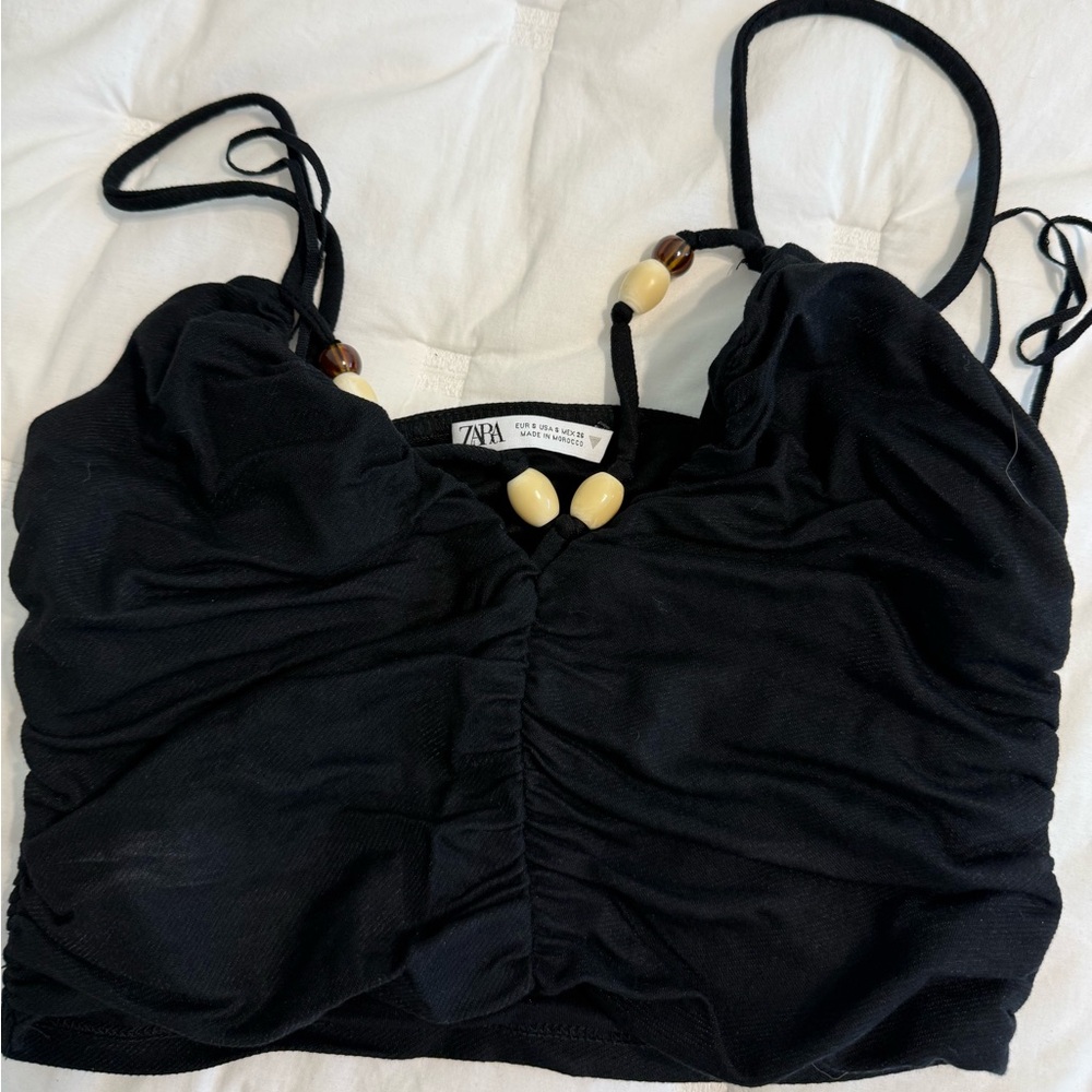 Zara ruched crop top with wooden beads S NWOT